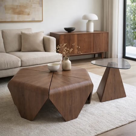 طقم طاولات قهوة تصميم هندسي – خشب وزجاج – بني وأسود - قطعتين
