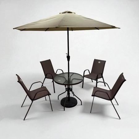 طقم طاولة خارجية بني 4 مقاعد مع مظلة بتصميم دائري جذاب
