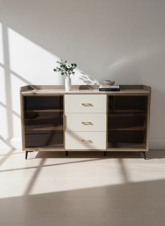 خزانة بوفيه فاخر بتصميم رخامي وأبواب زجاجية باللون بيج بمقاس 140x40x95 سم