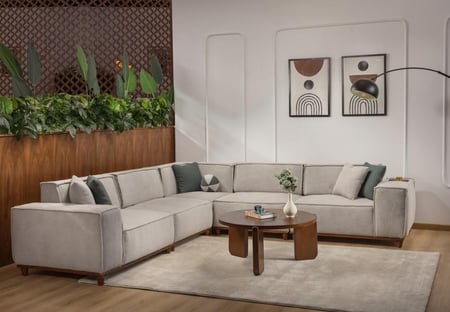 كنبة زاوية مودرن خشب زان طبيعي قماش رمادي فاتح – مقاس 3×3 م