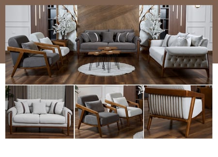 طقم كنب قطيفة وارجل خشبية - موديل اكو - أبيض x رمادي - 4 قطع