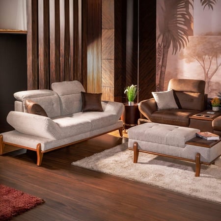 طقم كنب ميلان المودرن (كتان وجلد مقلوب) بمميزات ذكية.