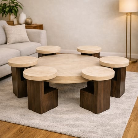 طقم طاولات وسط مودرن بسطح خشبي فاتح وقواعد سوداء بتصميم دائري متداخل