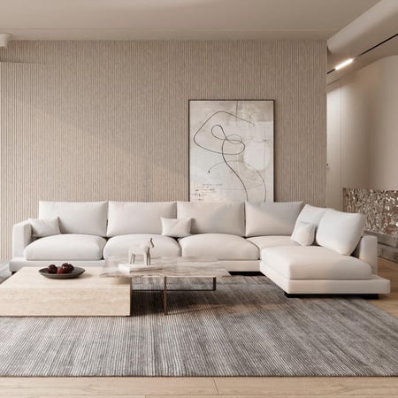 كنبة زاوية كتان وخشب سويدي – تصميم عملي – بيج – 320×200×90 سم