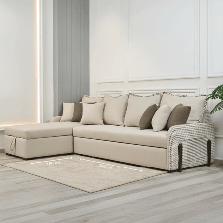 كنبة زاوية بيج كتان – سرير وتخزين عملي