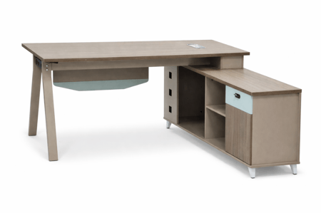 مكتب خشب مودرن بتصميم حرف L لون بيج– مساحة عمل واسعة مع وحدة تخزين عملية