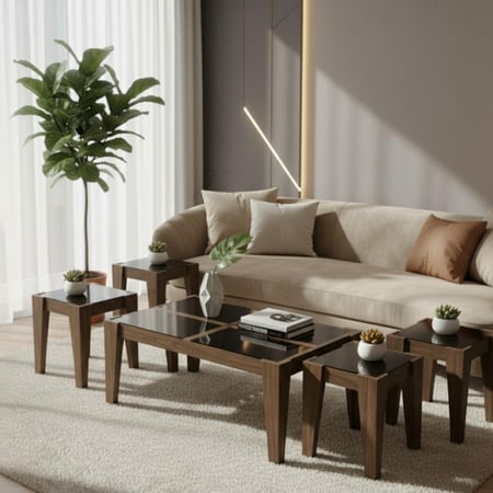 طقم طاولات شاي 4+1 خشبي بني داكن مع سطح زجاجي أسود لامع تصميم مودرن أنيق