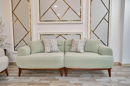 طقم كنب خشب وقماش بيج ومينت جرين تصميم عملي لغرفة المعيشة - 4 قطع