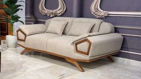 طقم كنب خشب وقماش – أوف وايت ورمادي – 4 قطع