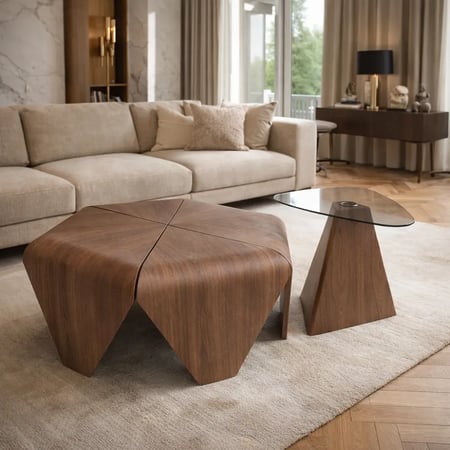 طقم طاولات قهوة تصميم هندسي – خشب وزجاج – بني وأسود - قطعتين