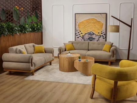 طقم كنب مودرن خشب زان طبيعي بيج رمادي × أصفر ذهبي – 4 حبات