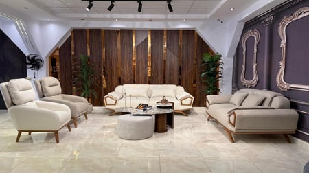 طقم كنب خشب وقماش – أوف وايت ورمادي – 4 قطع