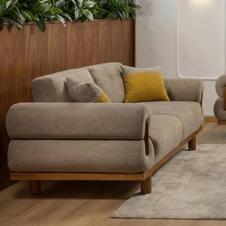 طقم كنب مودرن خشب زان طبيعي بيج رمادي × أصفر ذهبي – 4 حبات