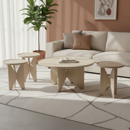 طقم طاولات شاي 4+1 بيج خشبي فاتح تصميم عصري