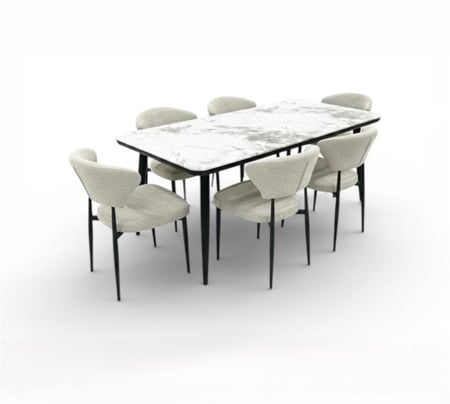 طقم طاولة طعام رخام - تصميم مودرن بأرجل معدنية سوداء وتنجيد قماش - متوفر بعدة مقاسات