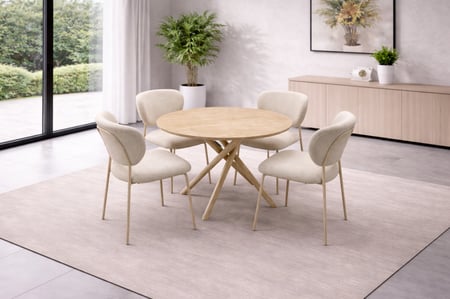 طاولة طعام دائري سطح خشب لون بيج – خيار عملي لديكور غرفة الطعام الحديثة