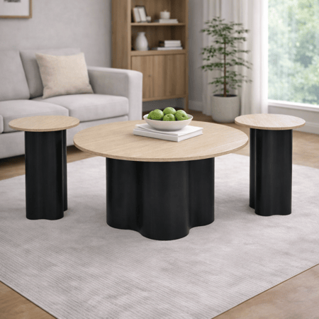 طقم طاولات سطح بيج وقاعدة باللون الأسود – 3 قطع