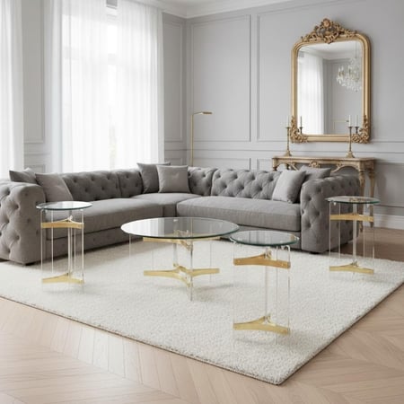 طقم طاولات جانبية زجاجي 5 قطع ذهبي – تصميم مودرن أنيق يعزز ديكور الصالون