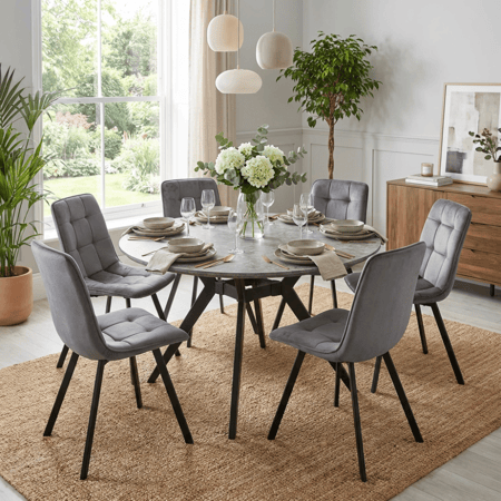 طقم طاولة طعام خشب دائري مع 6 كراسي قماش – 120×75 سم – ألوان متعددة