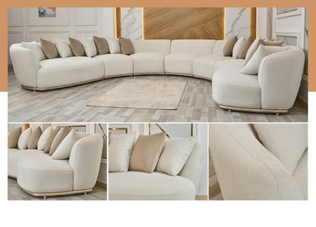 كنبة زاوية على شكل حرف U - موديل فلاي - تصميم مودرن رحب لغرفة 4.5x3 متر - أوف وايت