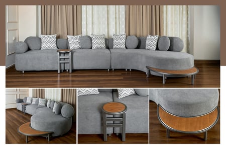 كنبة زاوية - موديل بيرلا - تصميم مودرن مع طاولة جانبية مدمجة - رمادي