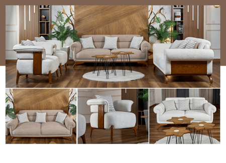 طقم كنب مودرن - موديل مارفيل - ارجل خشب - لون أوف وايت - 4 قطع