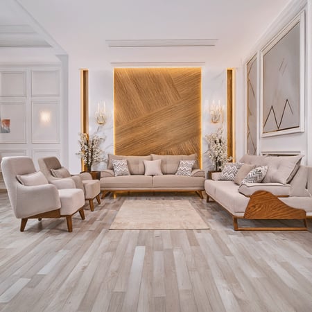 طقم كنب مودرن - كنبتان و2 فوتيه بقماش بيج فاتح