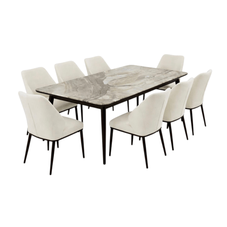 طقم طاولة رخام فاخر مع كراسي قماش – أناقة تجمع العائلة