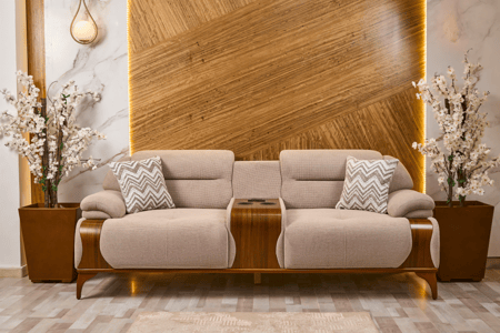 طقم كنب صالة مودرن بيج بتفاصيل خشبية أنيقة