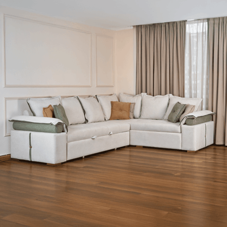 كنبة زاوية میکانزم سرير وسحارة - موديل إيلين - بيج فاتح - 220x300 سم