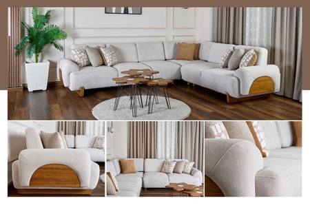 كنبة زاوية - موديل ريكسوس - تصميم مودرن رحب - لون رمادي فاتح - مقاس 300x250 سم