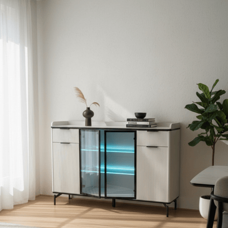 خزانة بوفية عرض مودرن بإضاءة ليد وزجاج أنيق