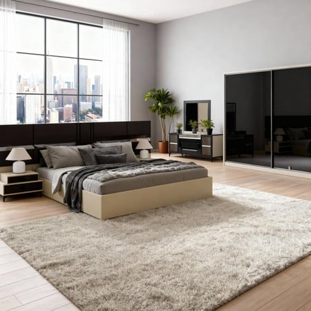 غرفة نوم عصرية خشب بيج مع أسود – 5 قطع