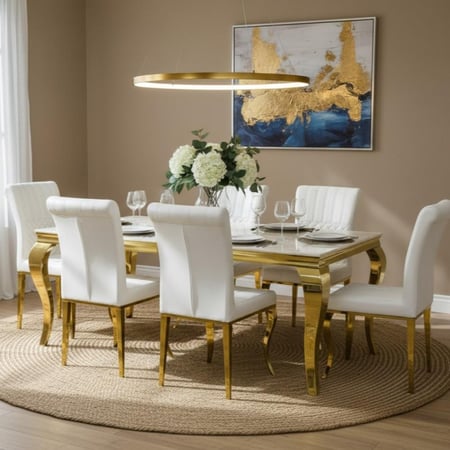 طاولة طعام أنيقة وراقية - باللون الابيض وأرجل مطلية باللون الذهبي