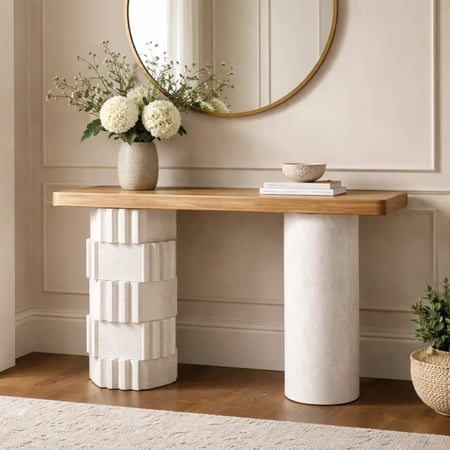 كونسول بسطح خشبي وقواعد منحوتة – أوف وايت وخشبي – 120×40×79 سم