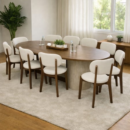 طقم طاولة طعام مع بوفية خشب طبيعي و كراسي قماش – تصميم مودرن فاخر لغرفة الطعام