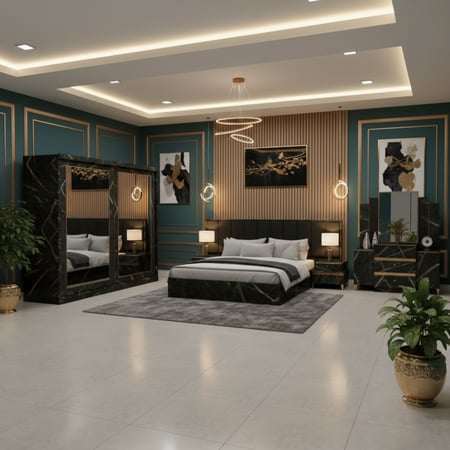 غرفة نوم رئيسية فاخرة خشب أسود مزخرف بخطوط ذهبية – 5 قطع