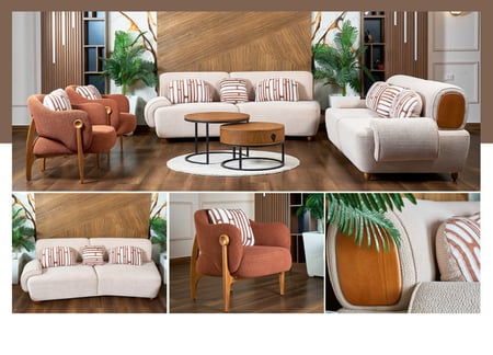 طقم كنب بوكليت- موديل أندلس - ابيض x برتقالي وارجل خشبية - 4 قطع