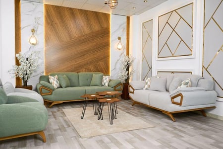 طقم كنب باللون الأخضر والبيج - 4 قطع