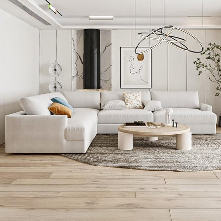 كنبة زاوية خشب منجد بالكتان لون بيج - 300×90×95 سم