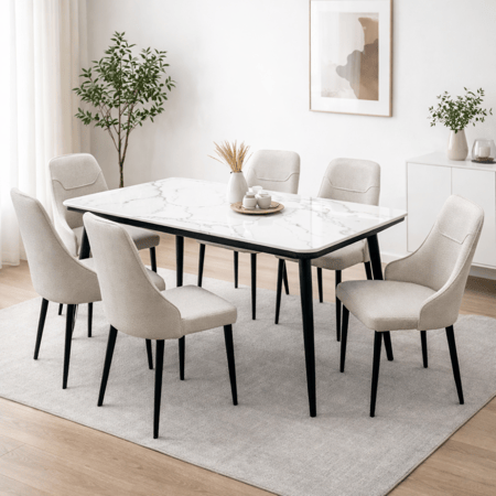 طاولة طعام 6 كراسي رخام -  مقاس 150*90 سمسطح أنيق سهل التنظيف يومياً
