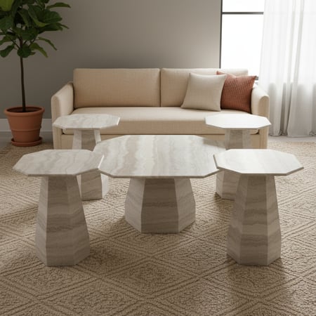 طقم طاولات خشب 4+1 بلون بيج رخامي فاخر بتصميم هندسي عصري