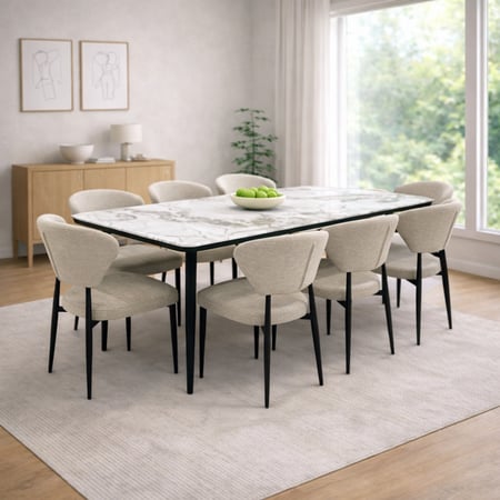 طقم طاولة طعام رخام - تصميم مودرن بأرجل معدنية سوداء وتنجيد قماش - متوفر بعدة مقاسات