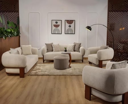 طقم كنب خشب زان طبيعي منجد بالمخمل لون بيج – 4 حبه