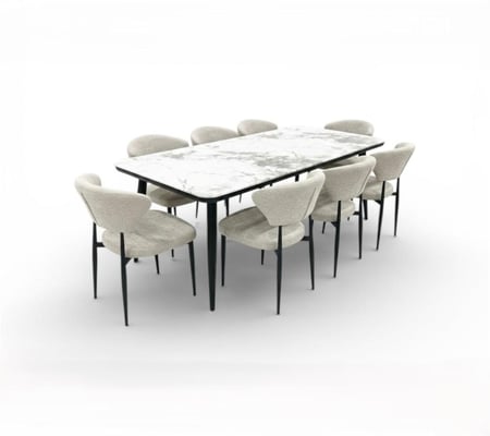 طقم طاولة طعام رخام - تصميم مودرن بأرجل معدنية سوداء وتنجيد قماش - متوفر بعدة مقاسات