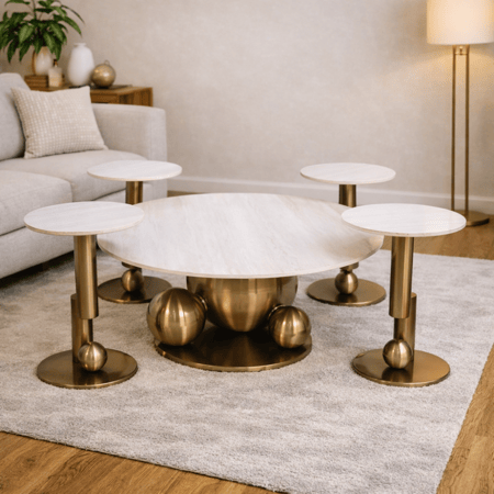طقم طاولات وسط مودرن رخامي بقاعدة ذهبية – تصميم فاخر