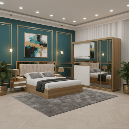 غرفة نوم رئيسية بتصميم عصري خشب بني فاتح وأبيض – 5 قطع