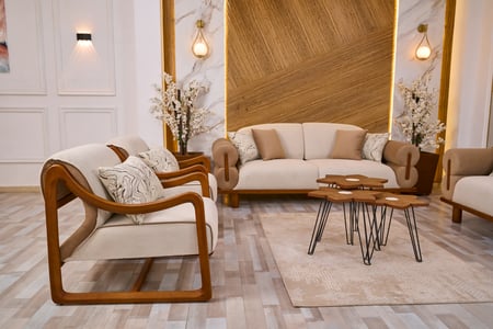 طقم كنب بيج بتفاصيل خشبية فاخرة - 4 قطع