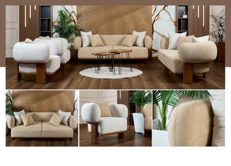 طقم كنب فوطة - موديل تاج - ابيض x بيج وارجل خشبية - 4 قطع