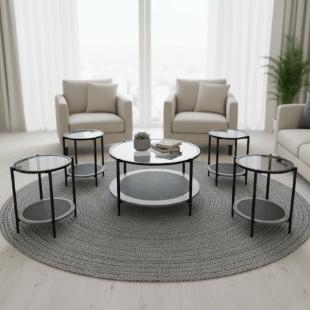 طقم طاولات 5 قطع رمادي بسطح زجاجي شفاف